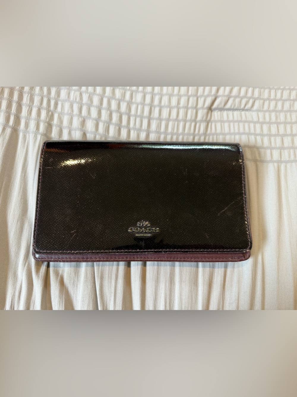 Coach Burgundy Purple Shiny Leather Foldover Wallet Crossbody No Strap